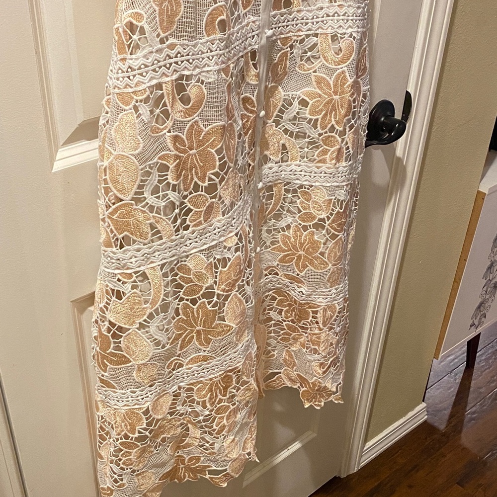 NWT Han Qing Mu Mu Elegant Retro Lace Cutout Ivory & Peach Midi Dress Size 2 - Picture 5 of 15